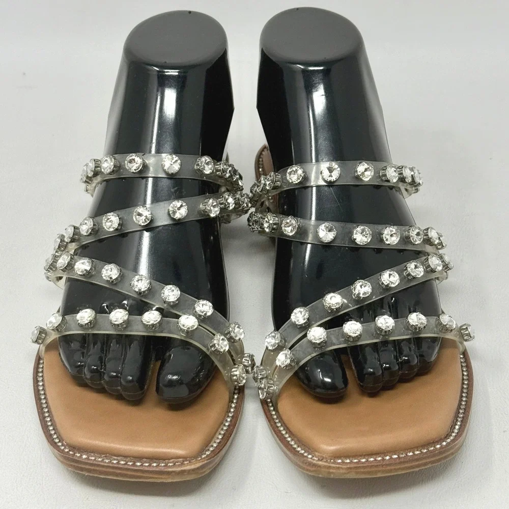 Steve Madden Skyler Clear Rhinestone Strappy Flat Sandal Tan 8M Glam Going Out
